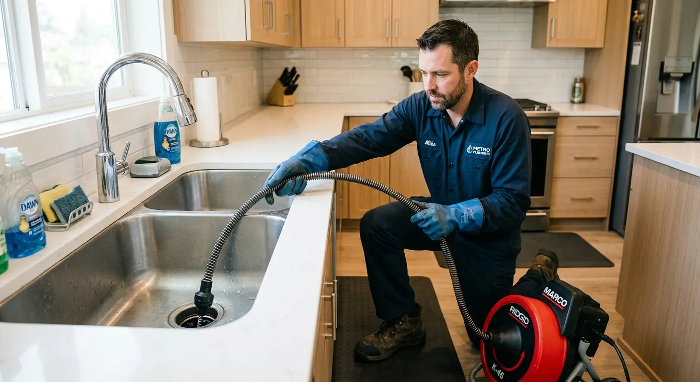 Drain cleaning technician using a motorized snake on a kitchen sink in Edgewater