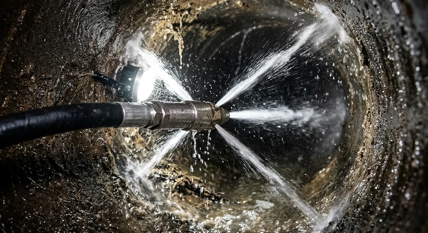High-pressure hydro jetting nozzle cleaning sewer pipe for Storm Drain Cleaning in Edgewater