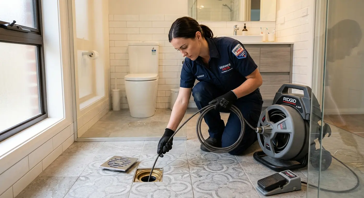Technician clearing a bathroom floor drain for Sewer Line Installation in Edgewater